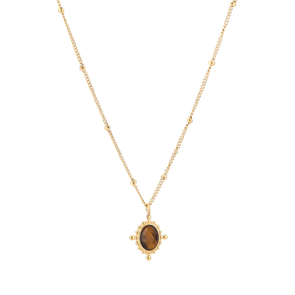 Boho Satellite Bead Chain Oval Turquoise Gemstone Pendant Necklace – Natuursteen Ketting BOHO – RVS - Tiger Eye