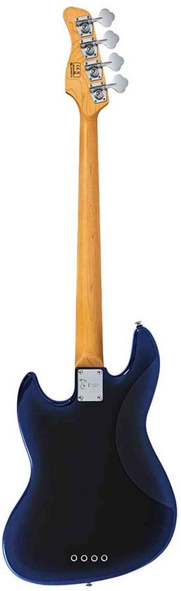 Achterkant van een donkerblauwe basgitaar met vier snaren en een houten hals.
