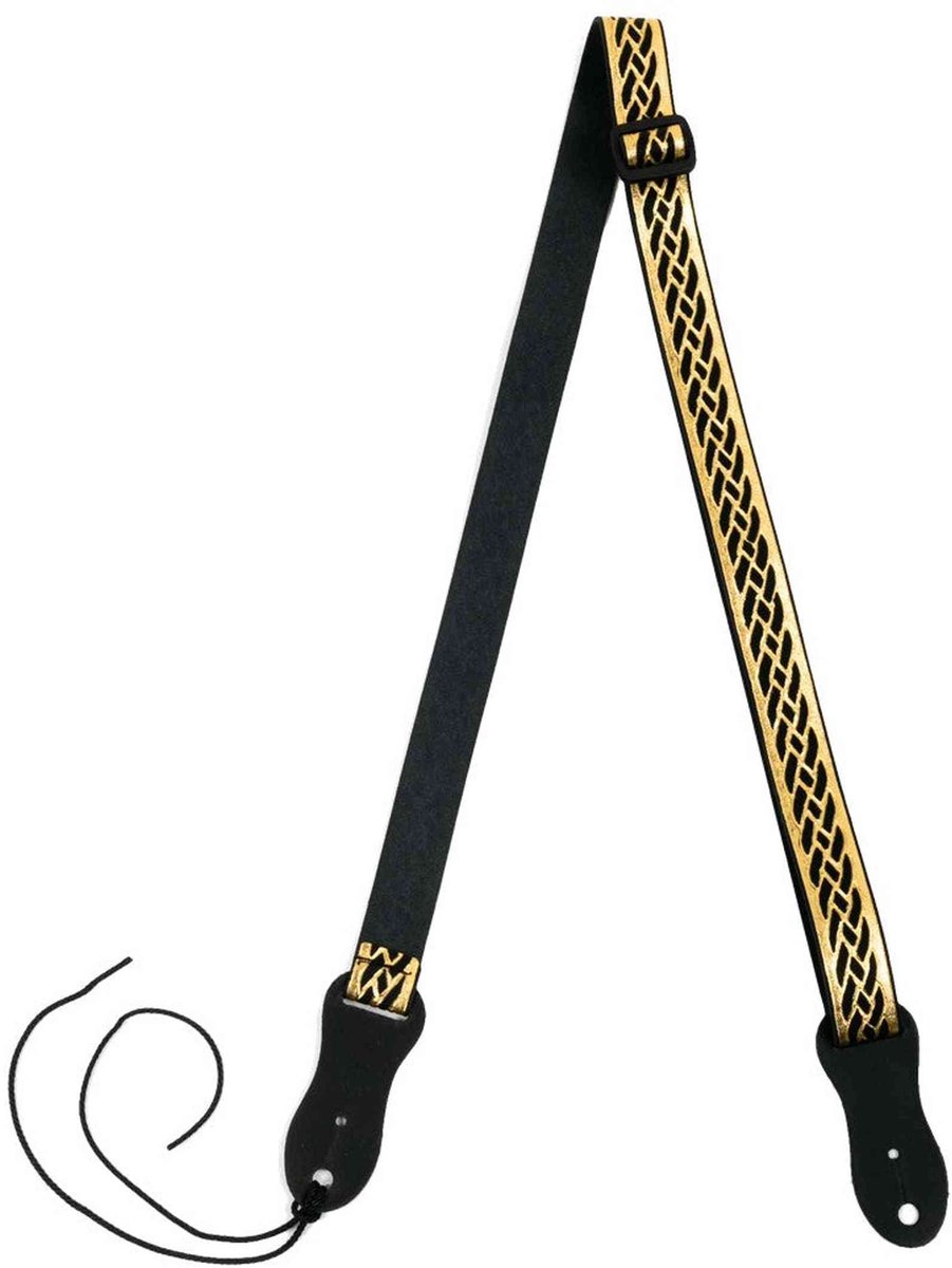 Flight S47 Black Gold Ukulele Strap Vegan Nubuck met Gevlochten Patroon en Headstock Tie