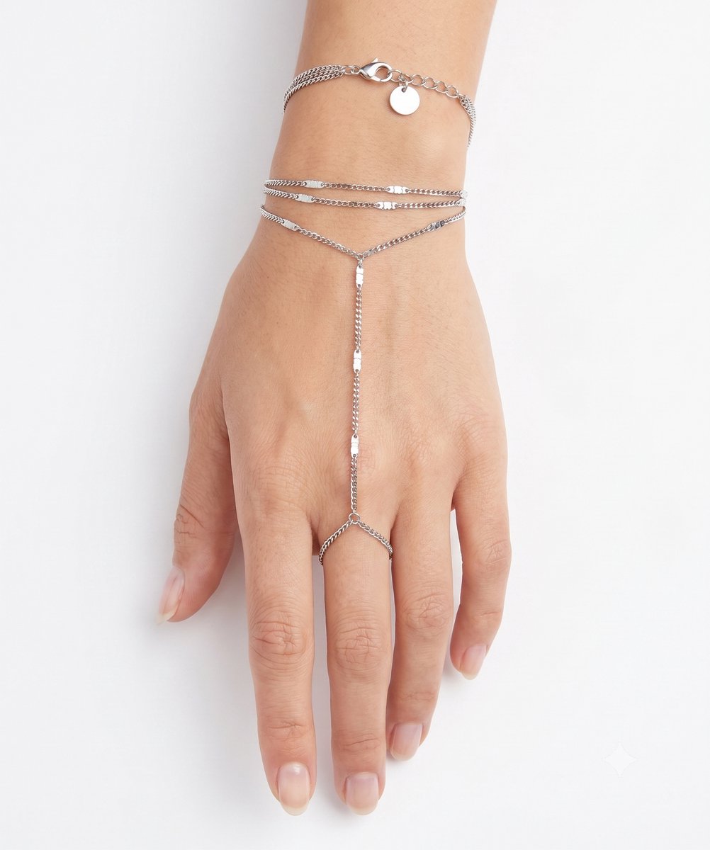 Hand Armband met Vingerring - Roestvrij Staal (RVS) - Fijnmazige Handketting met Platte Schakels - Slave Bracelet / Finger Chain - Sieraden Cadeau Vrouw - Zilver
