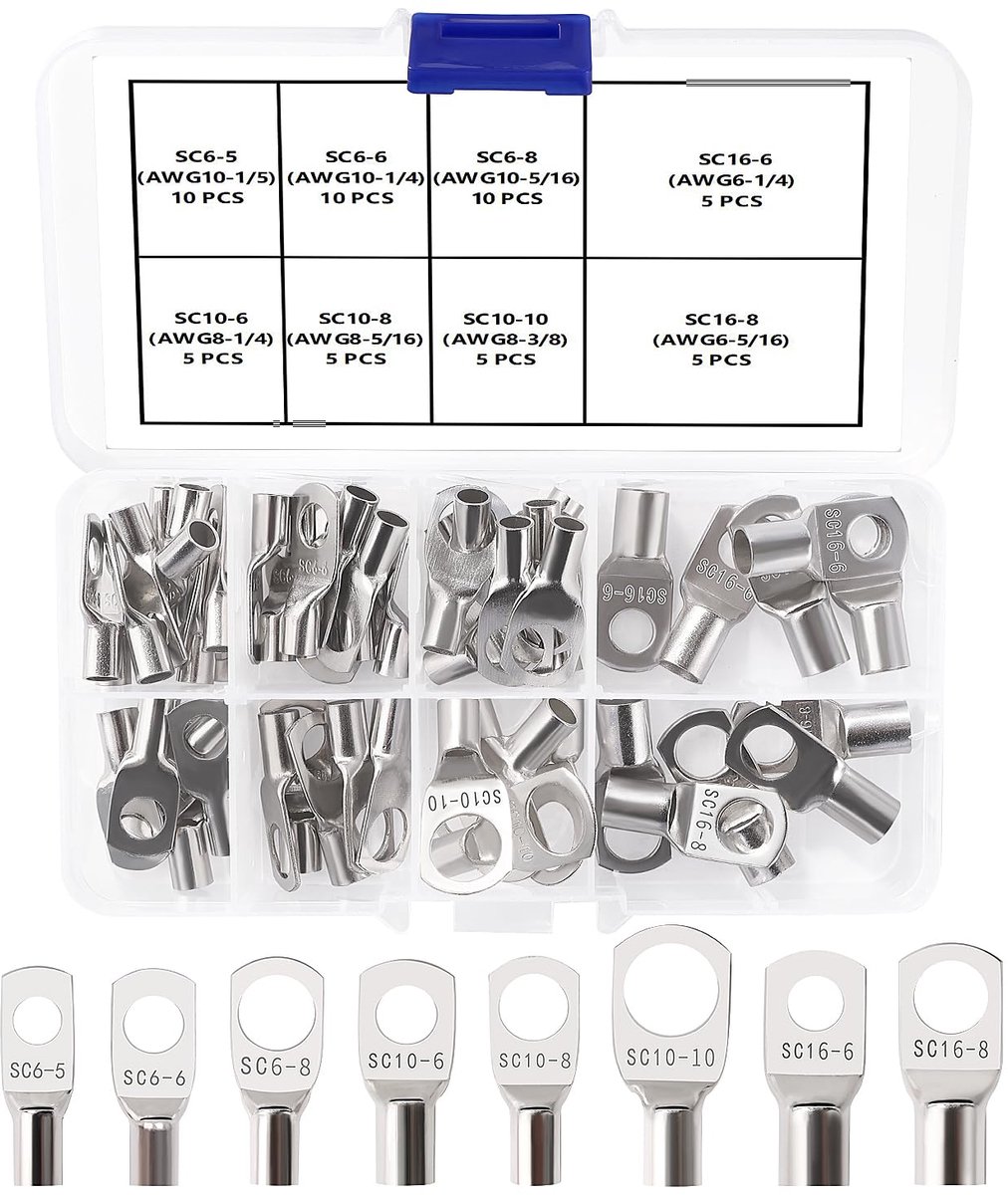 55 Stuks M5/M6/M8/M10 Ringklemmen Set, Buisvormige Batterijkabeluiteinden, Batterij Kabel Eind Terminals, voor Elektrische Kabel, Zilver
