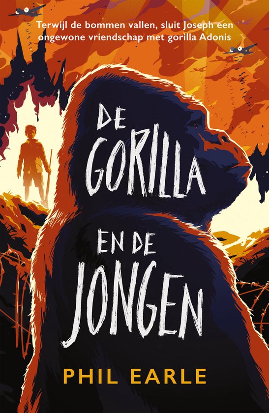 Boekomslag van 'De gorilla en de jongen'. Op de voorgrond een grote gorilla, met op de achtergrond een jongen en vliegtuigen.