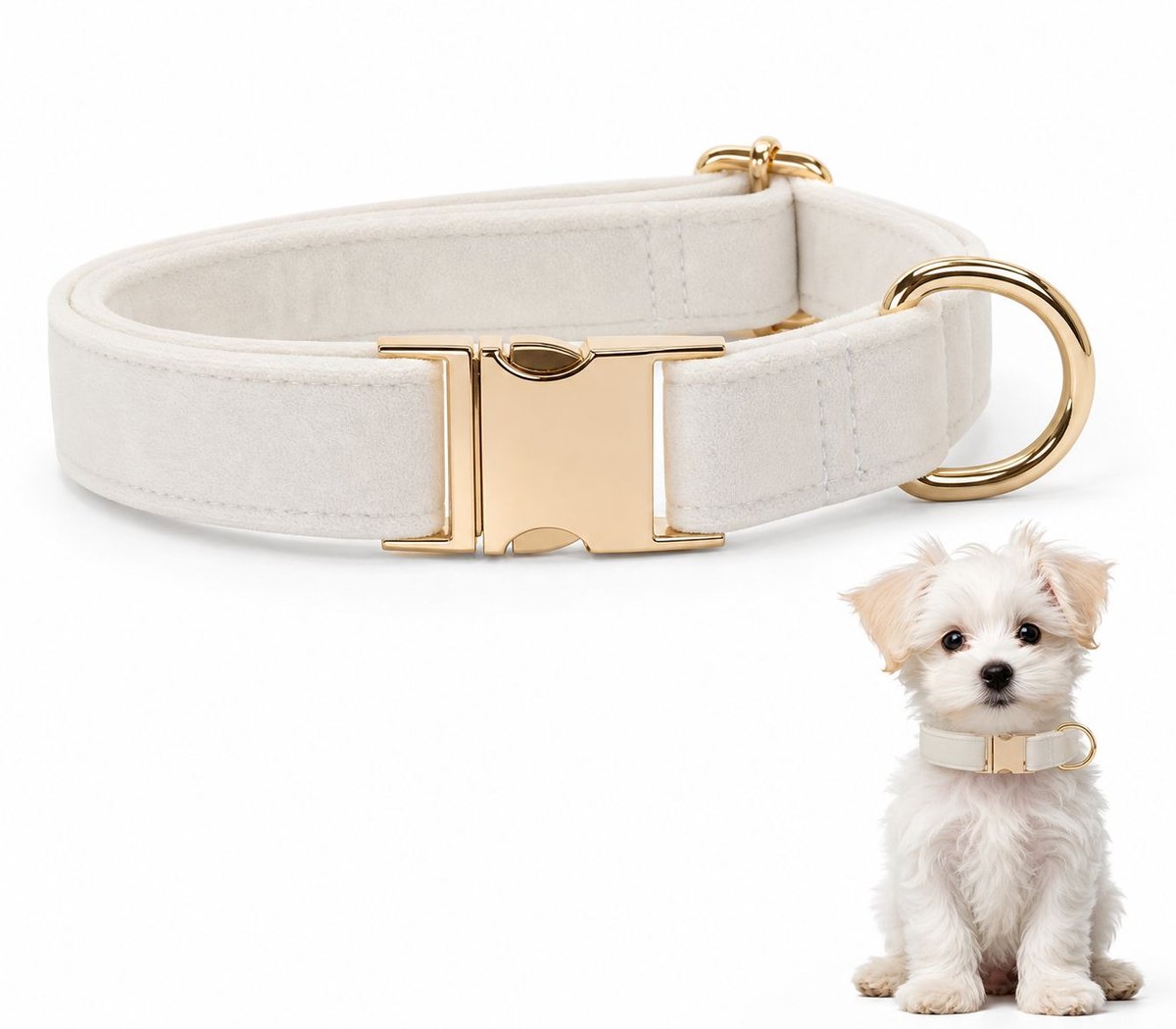 VHV - Hondenhalsband fluweel XS - Verstelbare witte halsband 20-30 cm met metalen gesp en D-ring