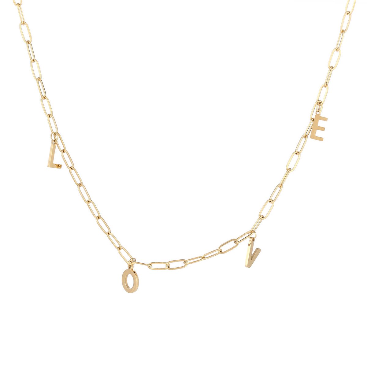 Love Letter Charms Paperclip Chain Necklace – Schakel Ketting Love – RVS - Goud