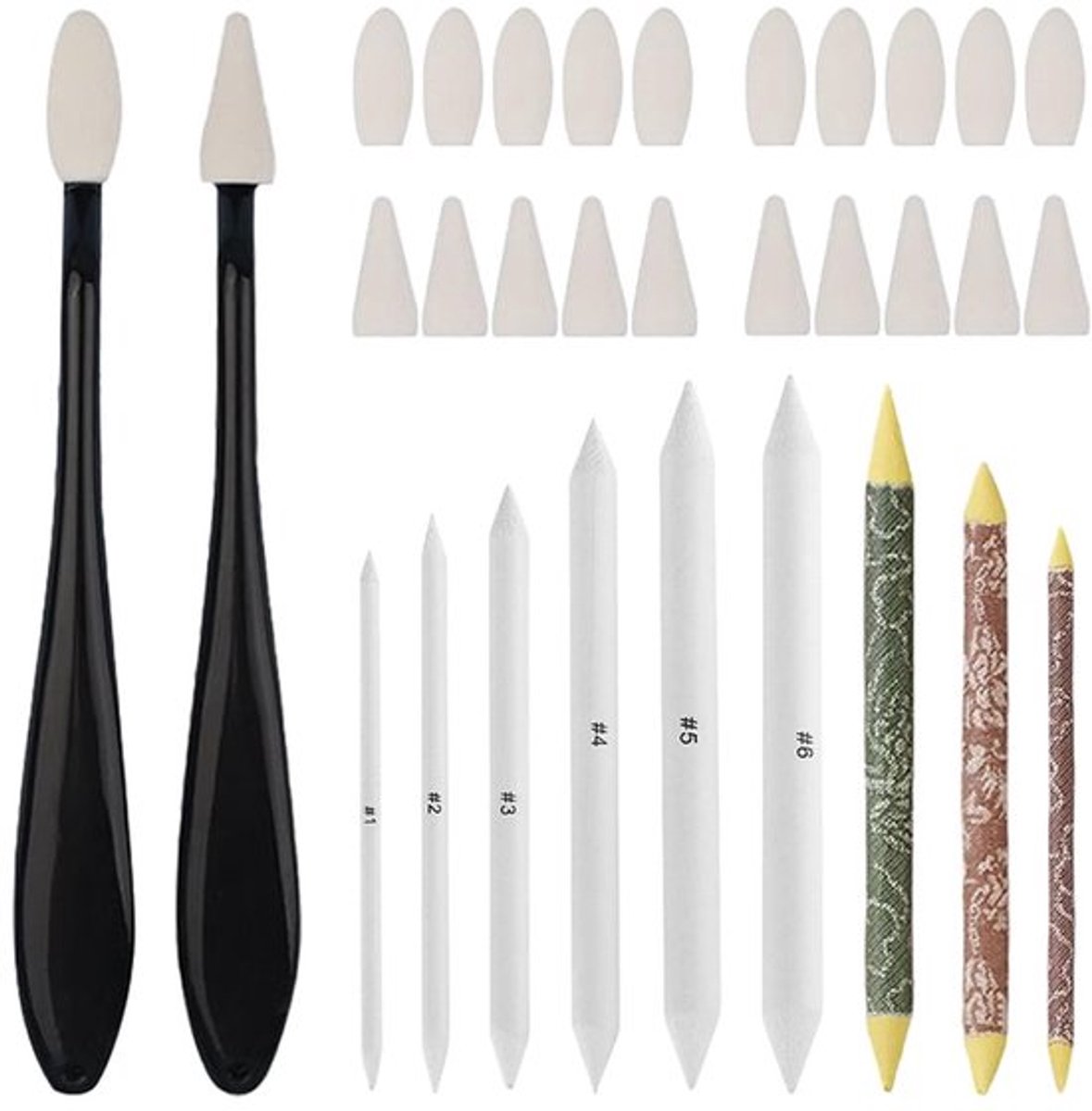 Tekenbenodigdheden 31 Stuks - Tekenstronken - Wismengstronken - Wrijfpennen - Verwisselbare Sponspunten - Rijstpapier en Plastic - Tekenmateriaal