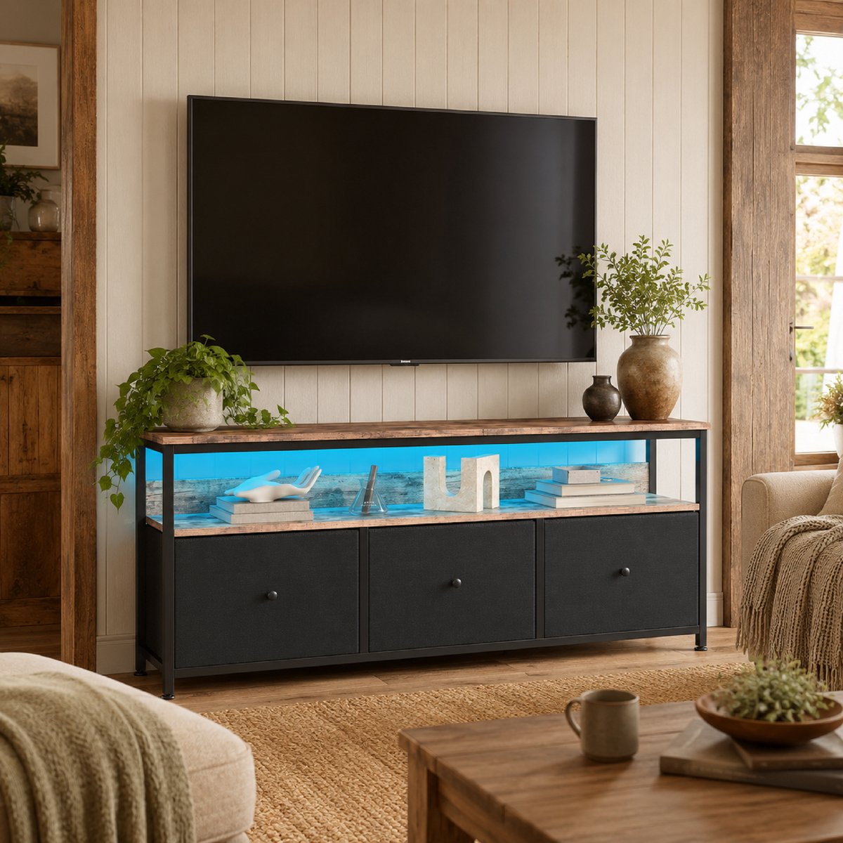 TV-meubel 137 cm met RGB LED Verlichting, Houtlook & Stoffen Laden, Industrieel TV Dressoir voor Woonkamer