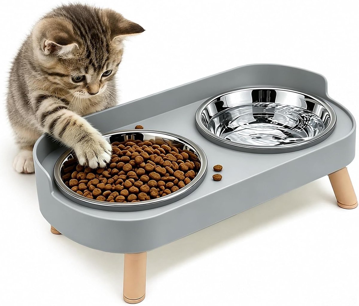 KZQ Kattenbak (Dubbelwandig roestvrij staal, met spatbescherming en voerbak) - Antislip, stevig, geschikt voor katten en kleine honden - Grijs