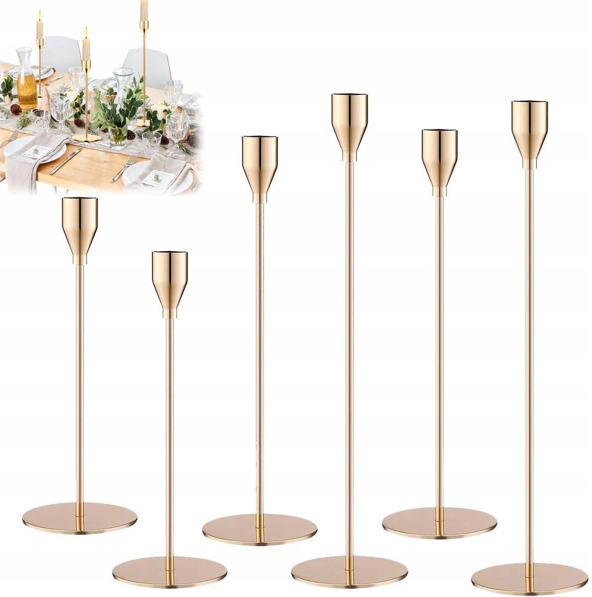 Kandelaar Set van 6 - Kaarsenhouder - Kaarsenstandaard - Wijnglasvorm - 23-33 cm - Metaal - Tafeldecoratie - Voor Bruiloft & Jubileum & Feesten - Goud