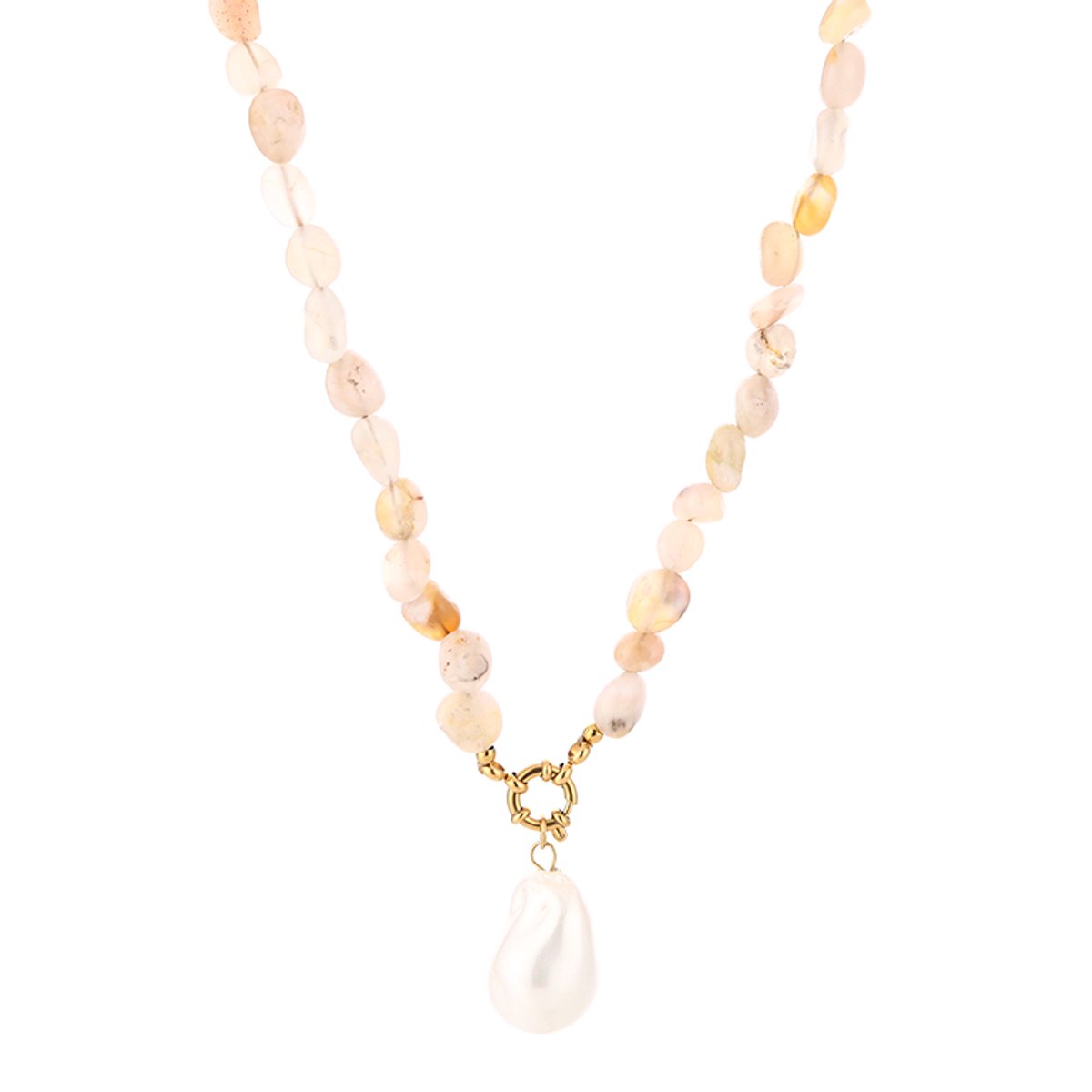 Natural Gemstone Chip Beads Baroque Pearl Chain Necklace – Luxe Kralen Ketting met Parel – RVS - Wit