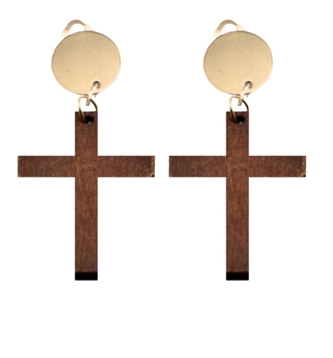 Clip oorbellen -Kruis -Bruin Hout -goudkleurig- geen gaatje- Charme Bijoux