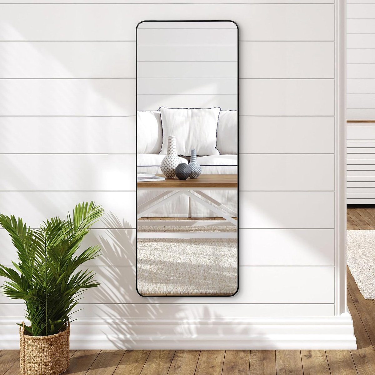 55 x 150 cm, zwart, volledige lengte, spiegel voor muren, lange spiegel voor slaapkamer en grote wandspiegel voor woonkamer, met aluminium frame, full-body spiegel met ophangmateriaal