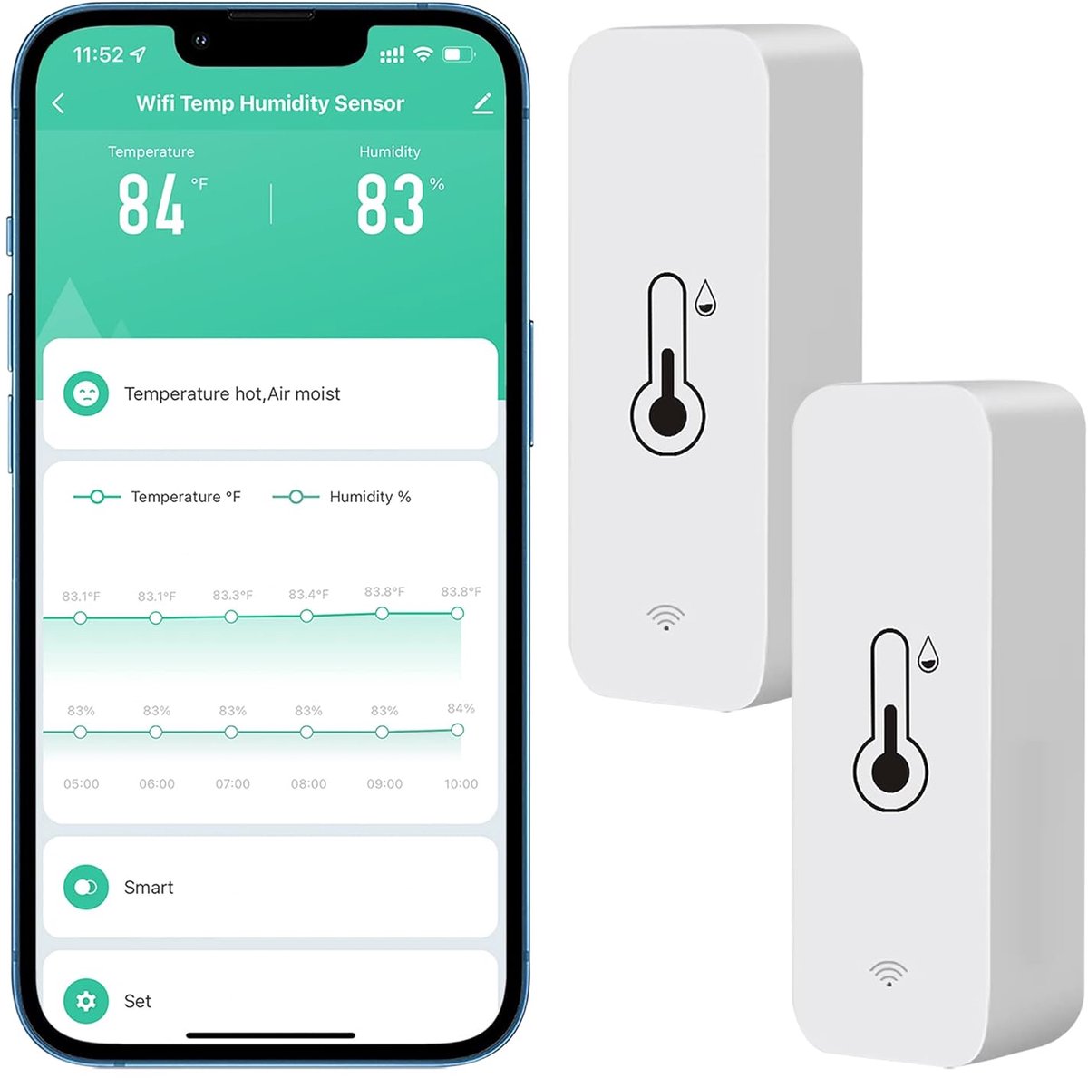 Hygrometer Thermometer Sensor, Draadloze temperatuur- en vochtigheidssensor met afstandsapp-meldingsalarm, Werkt met de Tuya-app (2 stuk)
