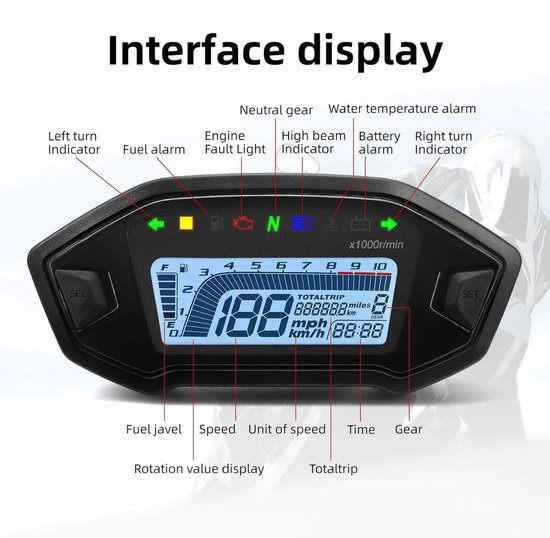 Motorfiets, toerenteller, 13000 RPM, motormeter, LED-achtergrondverlichting, digitale kilometerteller voor 2-4 cilinders, universeel met snelheidssensor — afbeelding 2