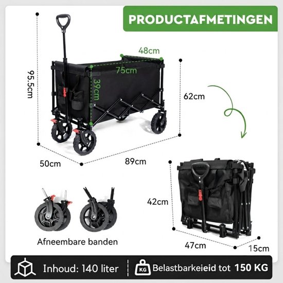Lìon® Bolderkar - 150 kg Laadcapaciteit Uiterst Vouwbare Handkar - Vouwhandkar Met Remmen - Zwart - 75cm x 48cm x 62cm van Lion — afbeelding 2