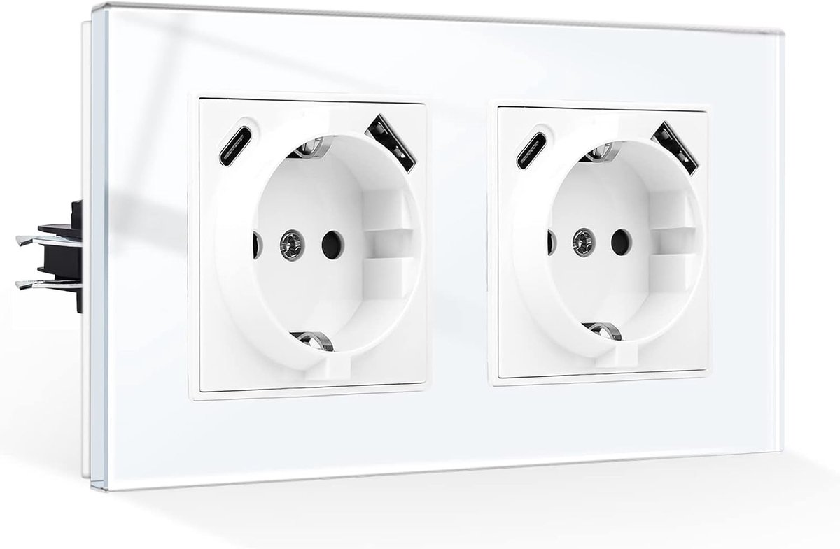 Dubbel stopcontact met USB-aansluiting, 2 x (USB-A en type C-poort max. 2,1 A totaal), inbouwstopcontact met klauwen, schuko-stopcontact met glazen frame in wit, 2-voudig
