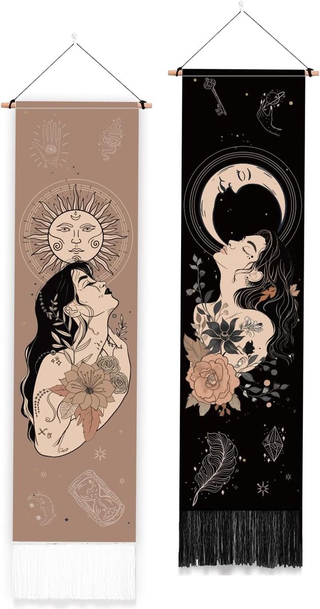 2 Pack Boho Zon Maan Tapestry Vintage Verticale Muur Opknoping met Kwasten Esthetisch Wandtapijt voor Slaapkamer Badkamer Woonkamer Muur Opknoping Home Art Decor Housewarming Gift, 2 Kleuren