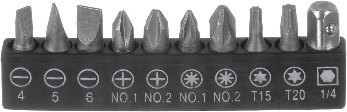 10-in-1 schroevendraaierbitset, 1/4 inch, zeskantige schacht, torx, vierkante sleuf, kruiskop bit