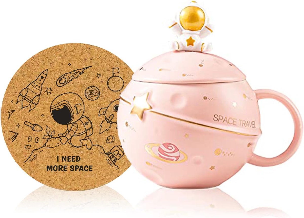 Kawaii Astronaut Cup Space Reliëf Planeet Mok, Leuke Keramische Koffiemok, Nieuwe Mok met Deksel en Lepel voor Koffie, Thee, Melk, Esthetische Kamerdecoratie Grappig Cadeau Verjaardag voor