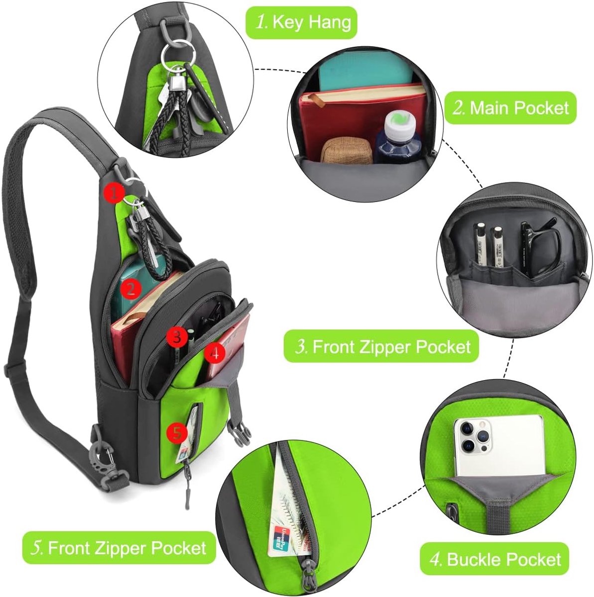 Rugzak met één schouder, kleine slingbag met meerdere vakken, voor reizen, fietsen, werk, sport, fietsen, Groen, 17 x 9 x 35 cm, Eigentijds