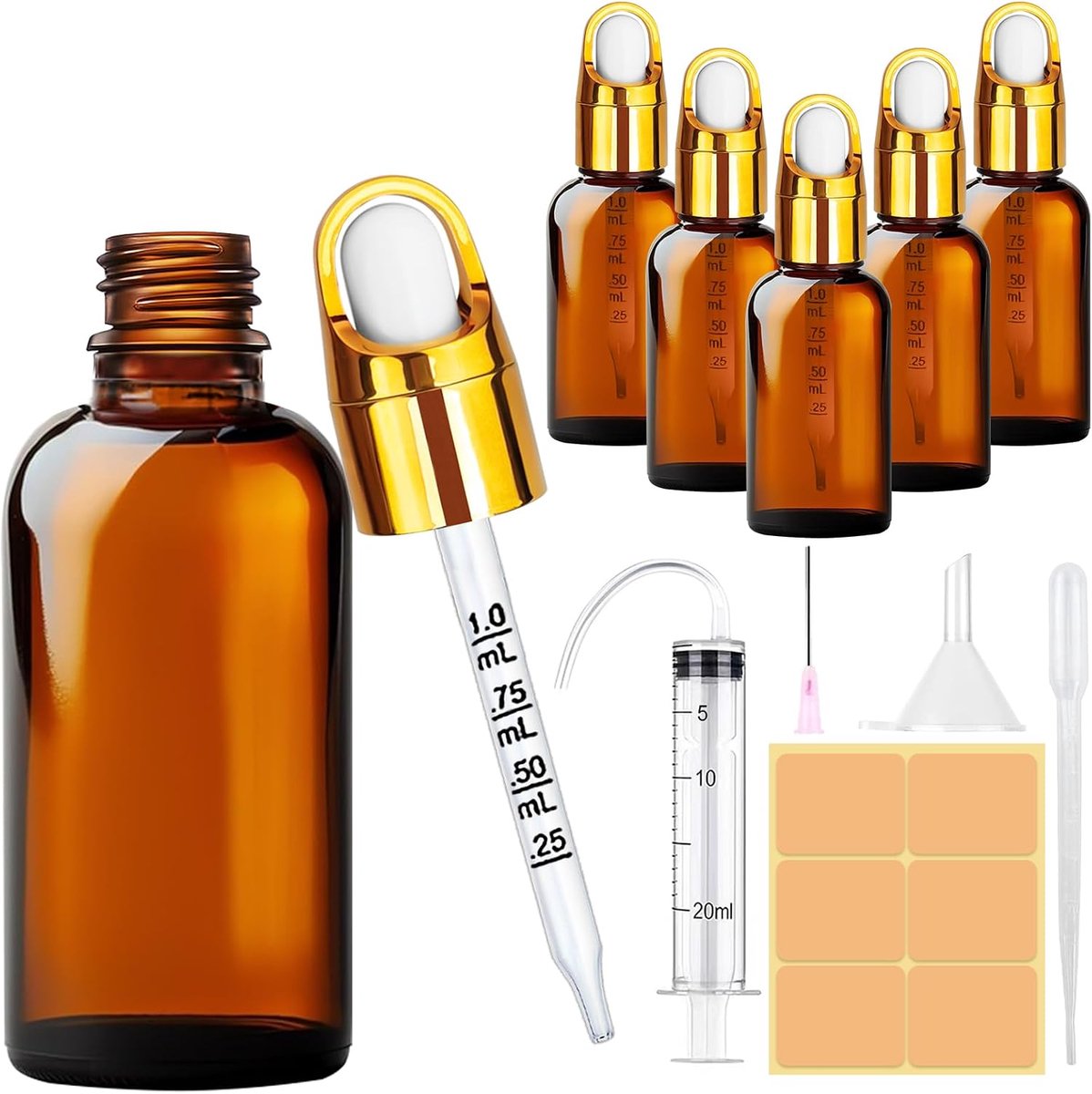 5PCS 50ml Glazen Pipetflesjes, Amber Glazen Druppelfles, Pipet Druppelfles, Bruine Glas Flesjes met Pipettrechters Spuit Etiketten voor Etherische Olie Massage Aromatherapie Oogdruppels