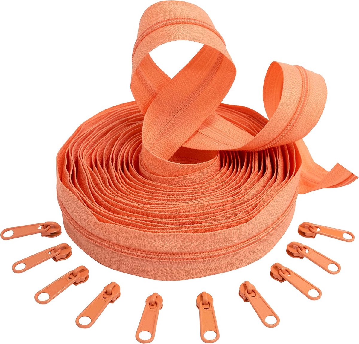 - C62497x5-C62572x10 - Set met 5 m spiraalritssluiting nr. 3 + 10 schuifregelaars Niet vergrendelbare nr. 3 - Kleur: koraal - van metaal - korte naaiwerk
