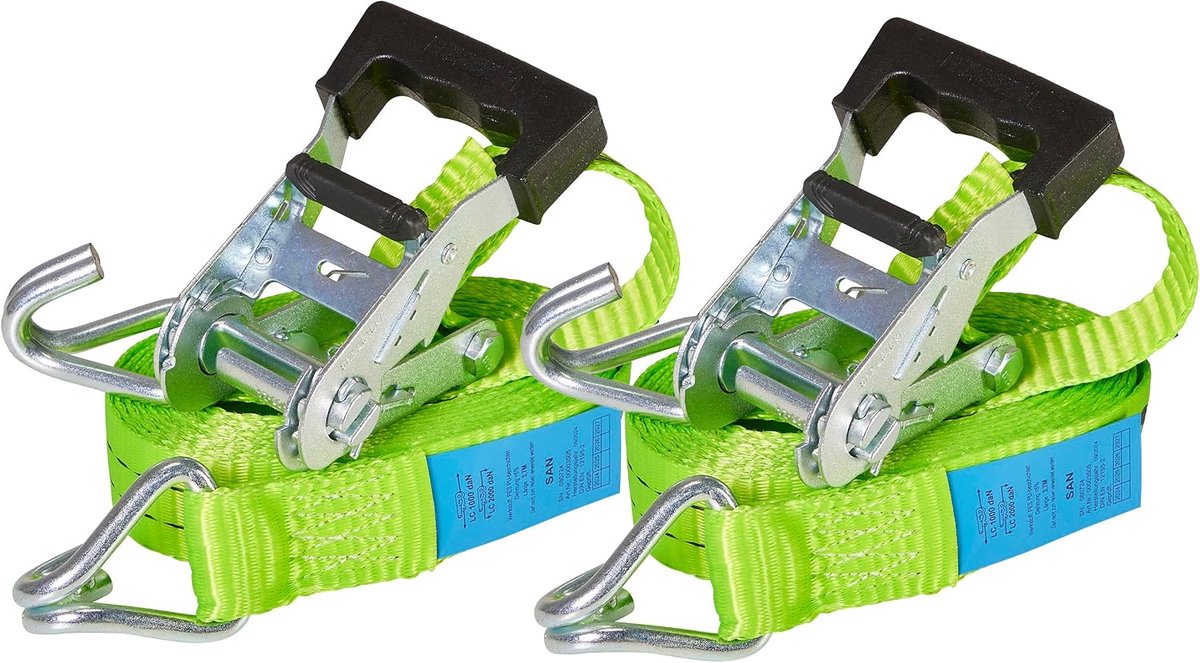 Spanbanden, 4 meter (4 m lang), 35 mm breed, trekkracht LC 1.000 daN, STF 200 daN, twee-delige sjorbanden, sjorbanden met ratel en haak in neongroen, geproduceerd volgens DIN EN