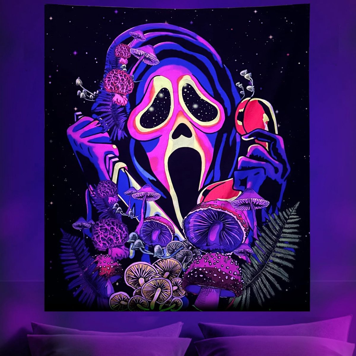 Blacklight wandtapijt esthetisch, UV-reactieve paddenstoel skelet schedel decoratie wandtapijt, fluorescerende planten sterrenhemel wanddoek, wanddecoratie slaapkamer woonkamer decoratie (150 x