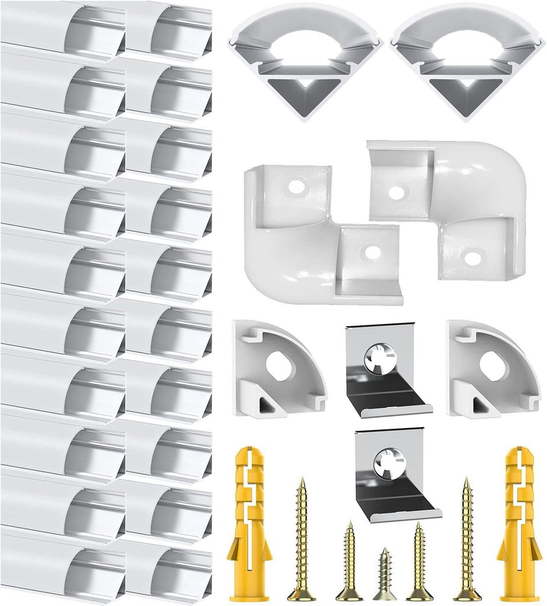 Aluminium led-kanaal, 20 x 1 m, V-vorm, stripprofiel voor ledstrips/strips tot 12 mm incl. diffuserprofielen met melkwitte afdekking, eindkappen, montageclips en 45 graden hoekverbindingen