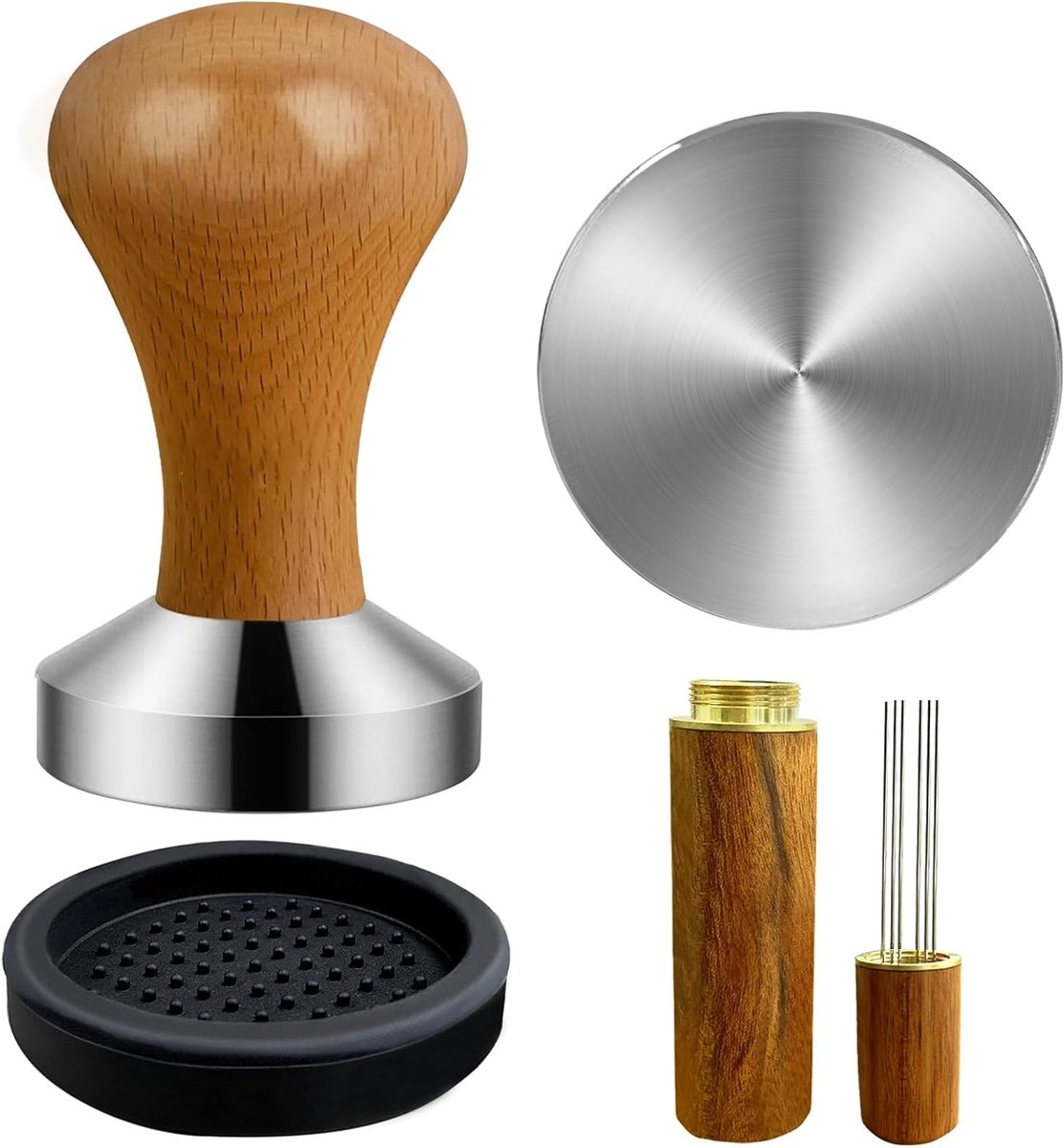 tamper, 51 mm, incl. Wdt Tool espresso en tampermat, espresso-accessoires met comfortabel houten handvat, koffietamperset voor beginners en koffieliefhebbers