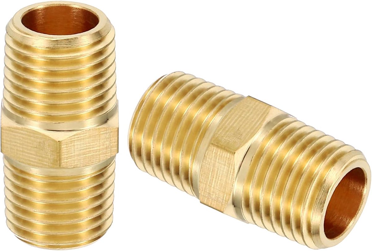 Koppeling van messing pijpfittingen, 2 stuks 1/4 inch x 1/4 inch NPT buitendraad, messing zeskantnippel, koppeling, reductiemiddel, adapter, buisverbindingsadapter voor water, lucht, olie,