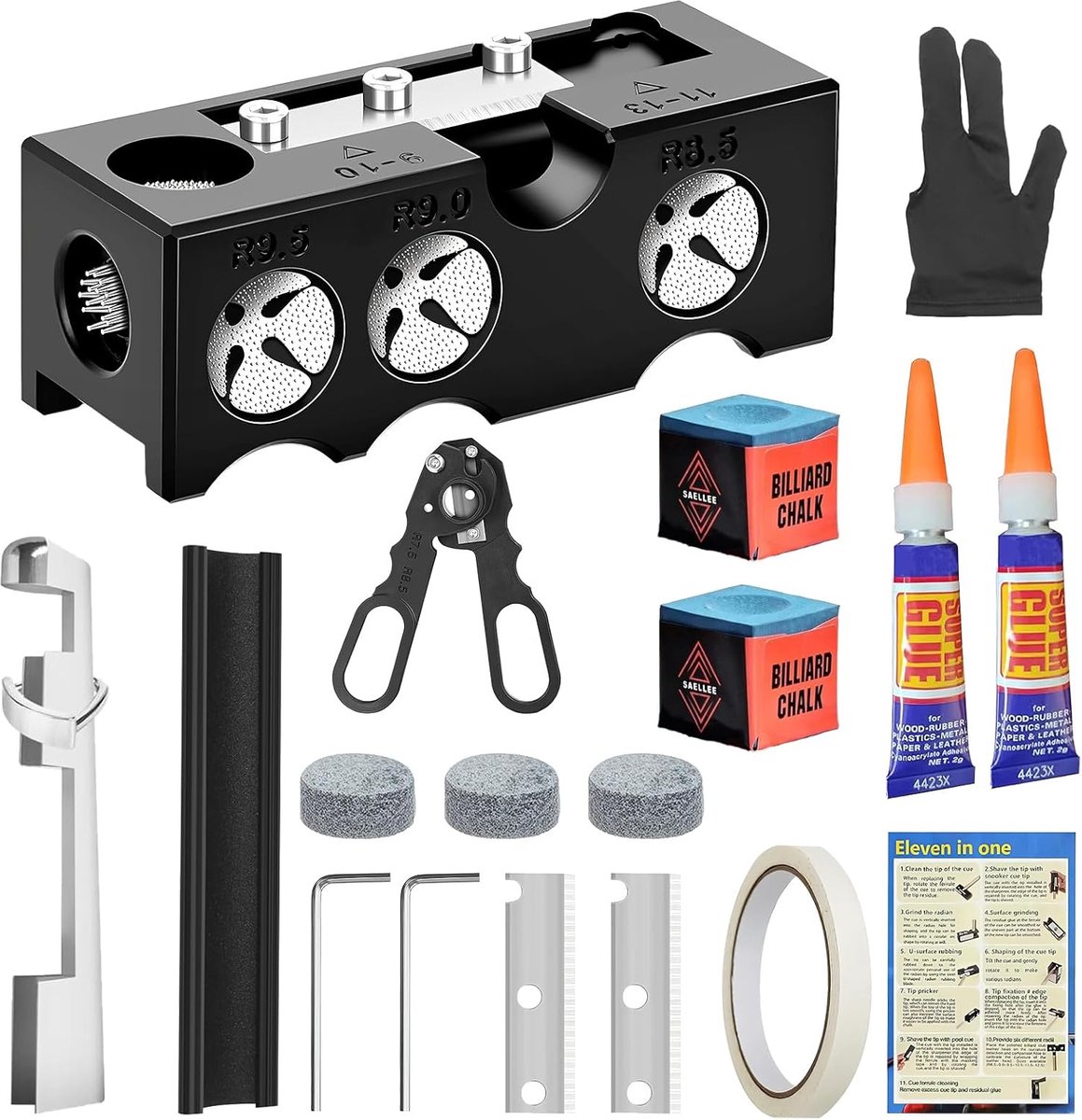 11-in-1 biljart Pool Cue Tip Shaper, Pool Cue Tips Vervanging Kit, 11 STKS Pool Cue Reparatie Kit, Pool Stick Tips Vervanging Kit, Cue Tip Shaper Pool Cue Accessoires