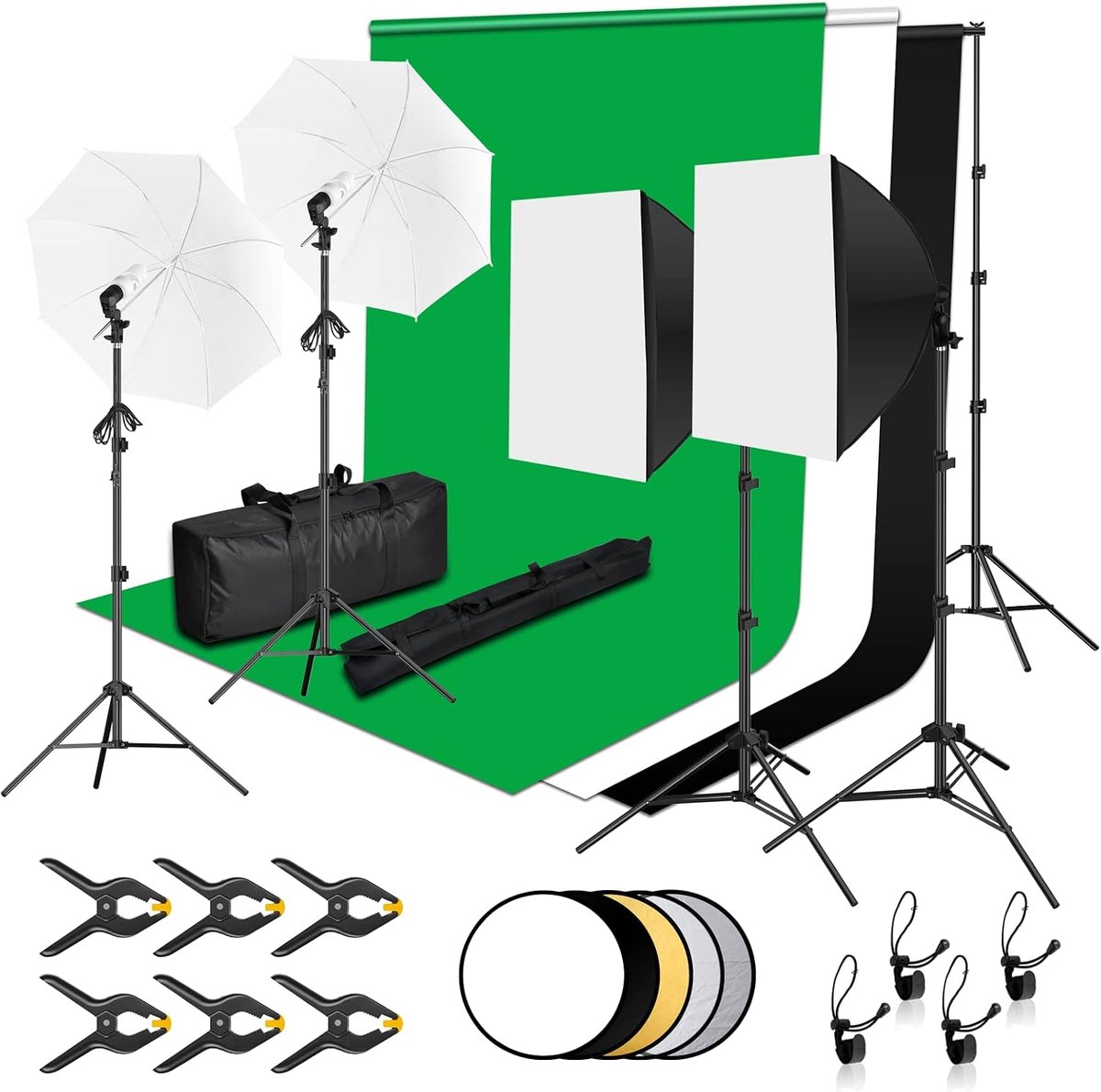 Fotostudio-set 2,6x3m Achtergrondsysteem met 3 Achtergronden | Zwarte, Witte en Groene Achtergrond, Statieven, Softbox-set, 5-in-1-reflector, Paraplu’s, Fotostudio en Videofotografie