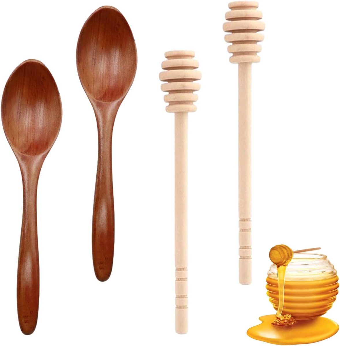 Honingroerder, 4 stuks, honinglepel, 14 cm honinglepel van hout, 15 cm honinglepel, honingspiraal, doseerder van honing en siroop, honingstaaf roerstaafjes, honingspiraal, honingsticks (2 +