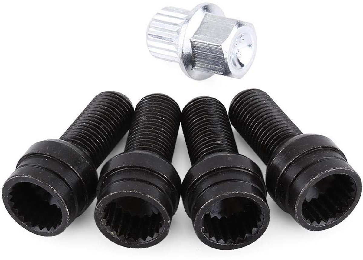 Bout, 4 + 1 M14 * 1.5MM Wiel Borgmoer Wielbout Borgmoer Kap Zwart Stalen Wielbout & Slotmoer Set Met Sleutel