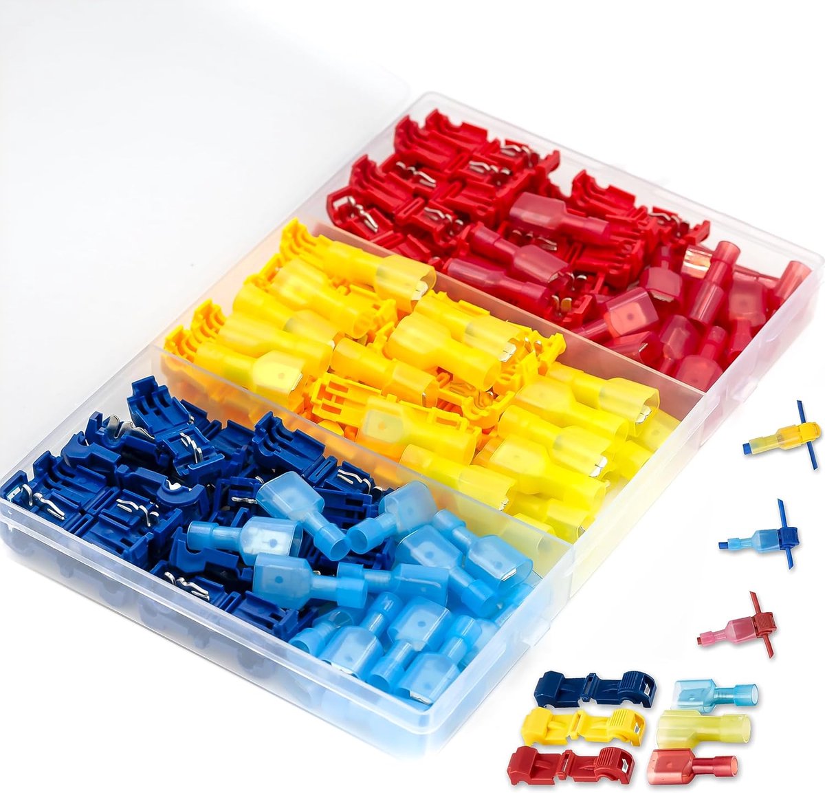 120 stuks T-Tap stroomdieven, aftakverbinder, autoset, elektrische T-snelverbinders, volledig geïsoleerd, platte stekkerkit, voor snelle verbindingskabel, kabelverbinders, 10-24 AWG Lewttyer