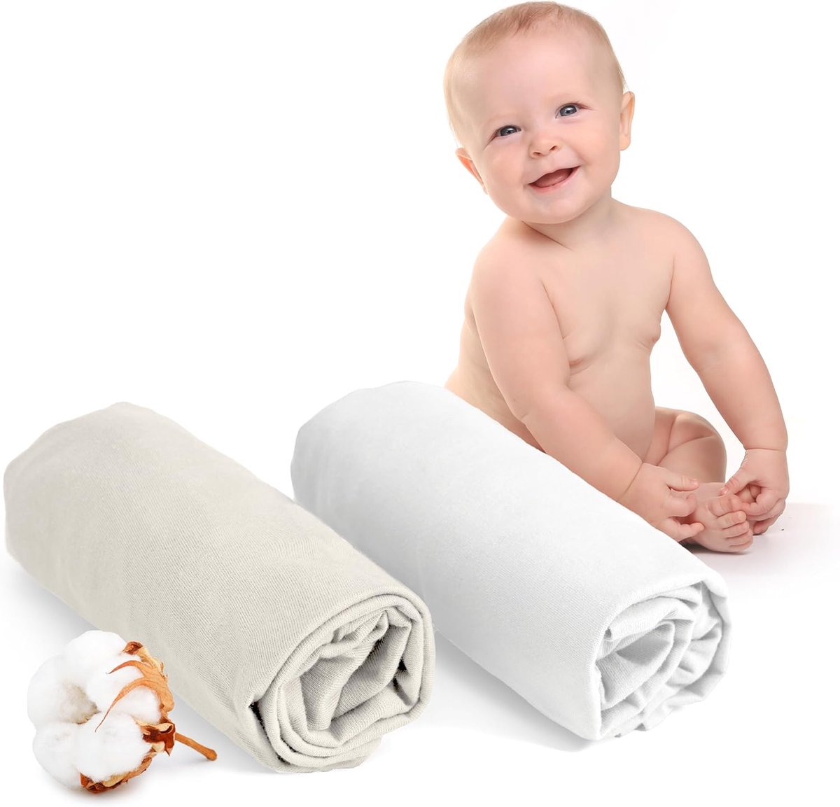 Hoeslaken 60x120 Babybedje (x2) - 100 procent Katoen - Oeko Tex - Kinderhoeslakens - Wit en Beige