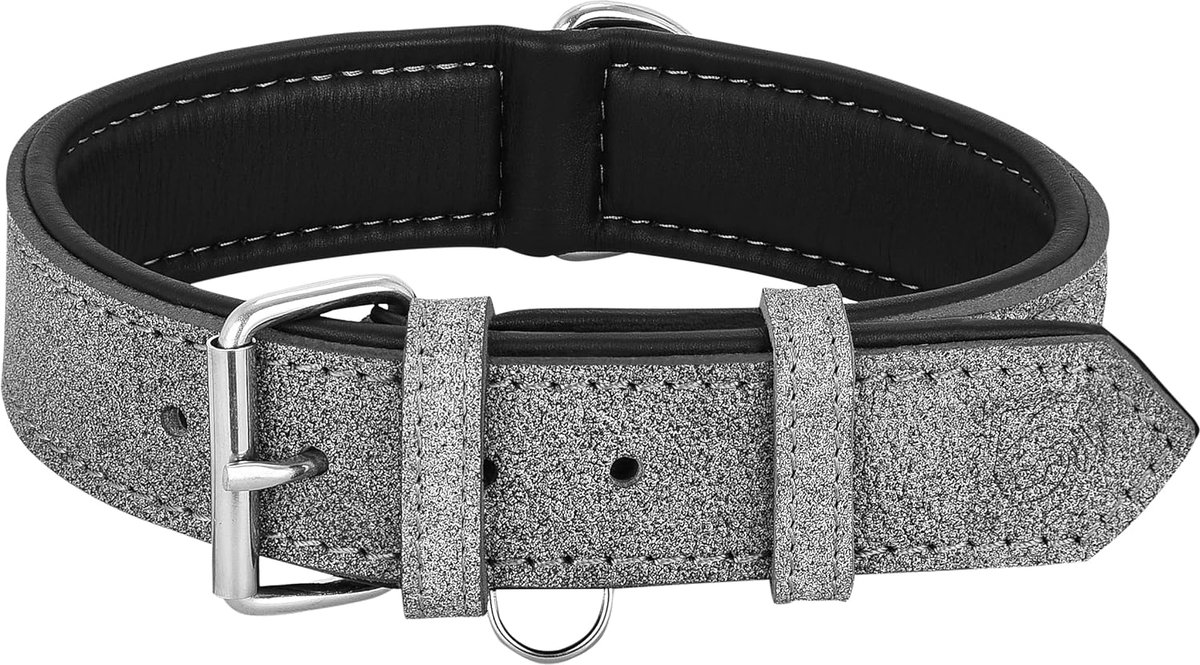 Verstelbare leren hondenhalsband - robuuste, brede hondenhalsband voor kleine, (middel) grote en extra grote honden met labelhouder (L: 3,8 cm breed voor hals van 43-53 cm, grijs/wit stiksel)
