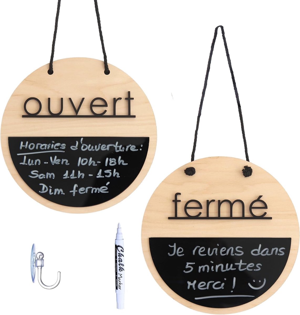 Fermé Ouvert met Tableau Noir en Bois Naturel voor magasins, Entreprises, Panneau heures d'ouverture