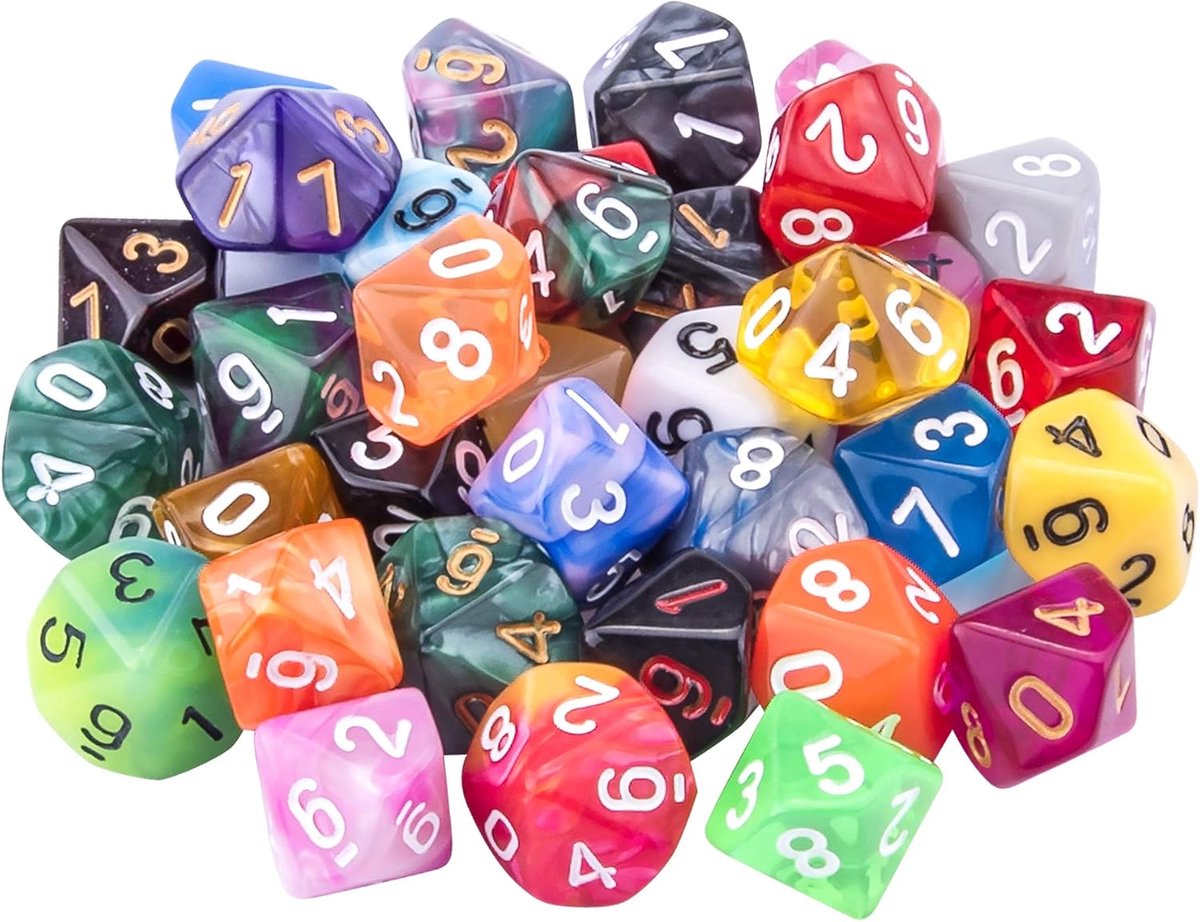 35 stuks polyhedral dobbelstenen 10 zijdige gemengde kleuren dobbelstenen voor DND RPG MTG tafelspelen met zwart fluwelen opbergtas