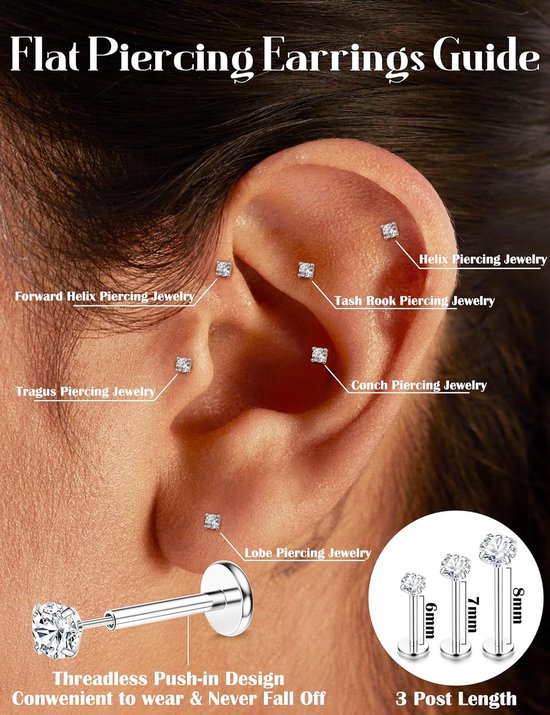 16G/18G/20G chirurgisch staal Tragus piercing sieraden Labret piercing sieraden Draadloze Push in neus Studs Tragus oorbellen Flat Back Tragus Stud Lip Medusa Helix piercing sieraden 6/7/8MM — afbeelding 4