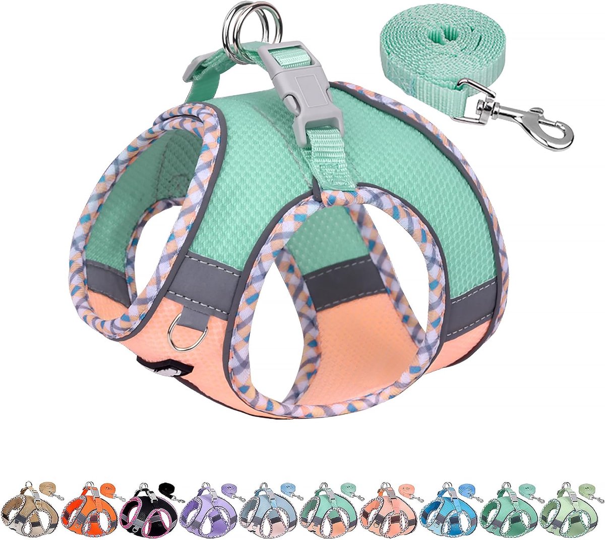 Puppytuigje, leiband, verstelbare zachte vest, magische klittenband, reflecterende veiligheidsstrips, makkelijk aantrekken, poedels, pomeranians, sportschool, wandelen, reizen, turkoois-roze, S