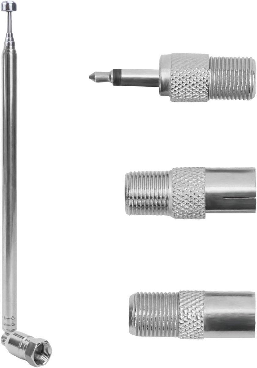 7-delige FM-radio-telescopische antenne 75 ohm met F-type connector en 3 IEC coaxiale koppelingsadapters, interne DAB-antenne vervangingsset, universele antenne voor AM/FM/DAB, 76 cm