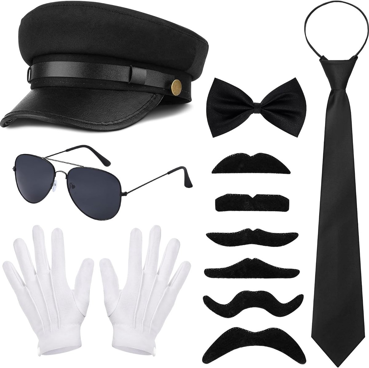 11 stuks accessoires voor chauffeurskostuum, nieuwigheid, limousine-coureurskostuum met chauffeurshoed, zonnebril, handschoenen, nepbaardstropdas voor mannen en vrouwen, voor jaren 20