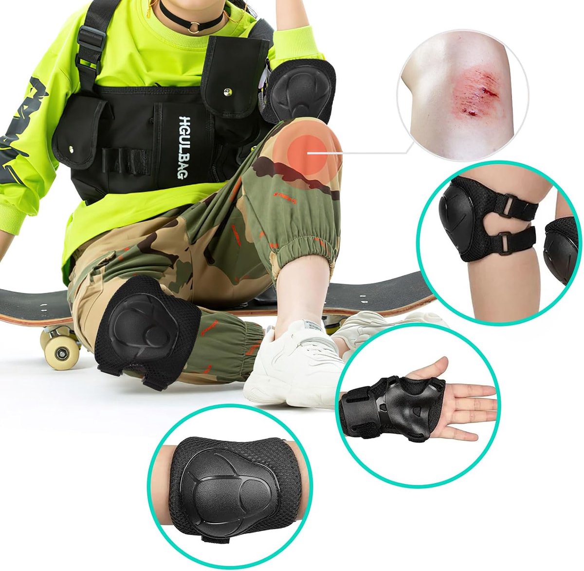 Kniebeschermers voor kinderen, 6-in-1 kinderbeschermingsuitrusting, elleboogbeschermers, polsbeschermers, kniebeschermers voor skateboard, scooter, outdoor, sport, maat S, geschikt voor kinderen vanaf