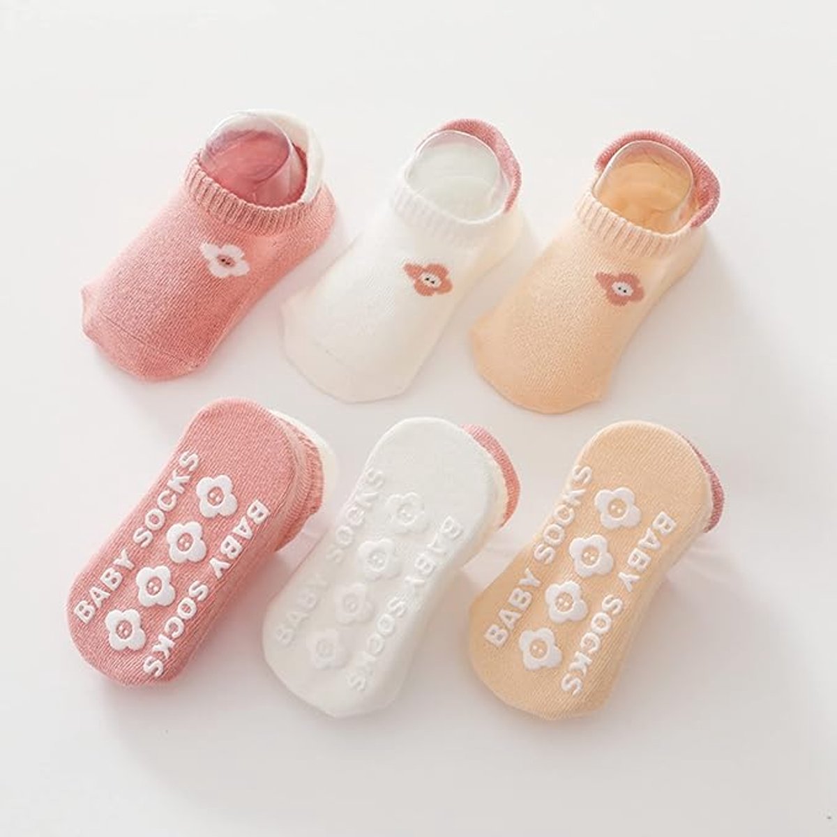 Set van 3 paren roze bloemen antislip babysokjes maat S voor baby 0-1 jaar, korte vloersokjes met siliconen grip voor binnengebruik