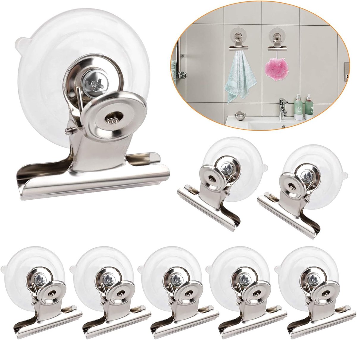 SnelShoppen - 8Pcs Zuignap Clip, Plastic Ronde Klemhouder, Herbruikbare Keuken Badkamer Kantoor Accessoires met Roestvrijstalen Clip