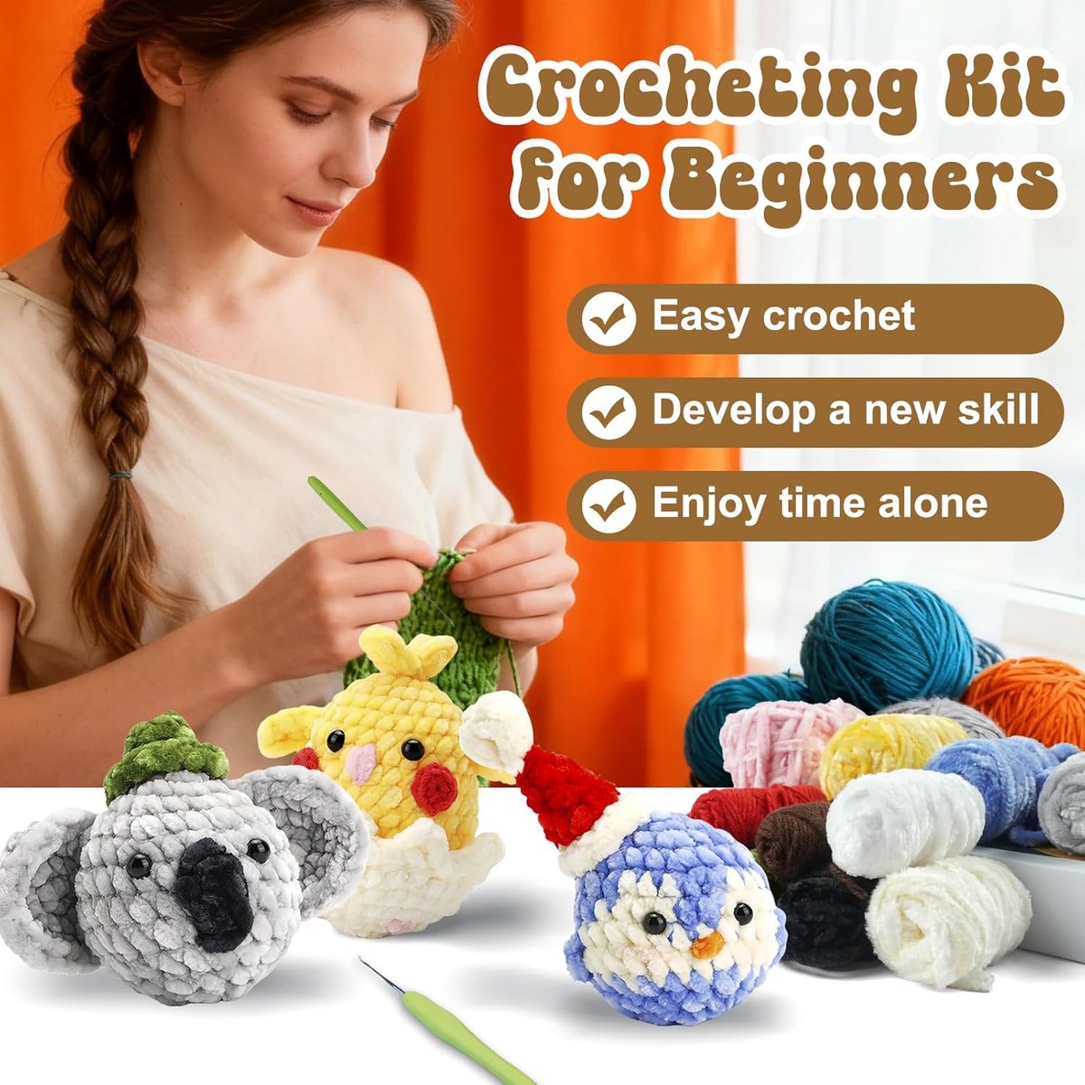 Haakpakket voor Beginners, 4 Stuks Dieren Amigurumi Set, Complete Haakstarterset met Stapsgewijze Video-Instructies, Diy Knutselset voor Beginners en Volwassenen-Konijn-Kip