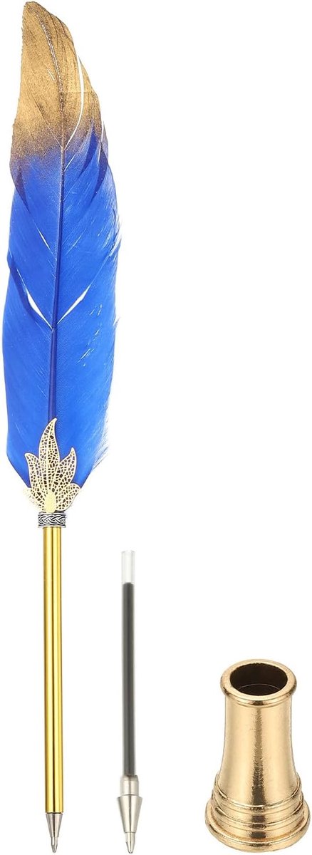 Veren Pen Quill, Veer Balpen Bulk Geraffineerde Vintage Veer Kalligrafie Pen met Gouden Pen Houder voor Gast Handtekening Bruiloft Bruids Kantoor Schrijven, Donkerblauw
