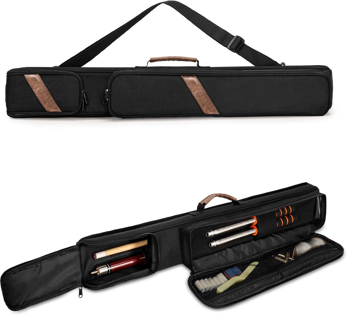 1x1 Pool Cue Case voor 1 Billen en 1 Schacht, Zwart | Gewatteerde Biljart Snooker Stick Tas met Accessoire Aan De Voorkant, Biljart Pool Cue Tas met Afneembare Schouderriem