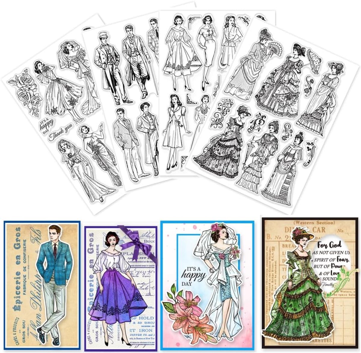 4 vellen vintage mannen en vrouwen duidelijke stempels voor doe-het-zelf scrapbooking retro dame en heren siliconen duidelijke stempel zegels transparante stempels voor kaarten maken